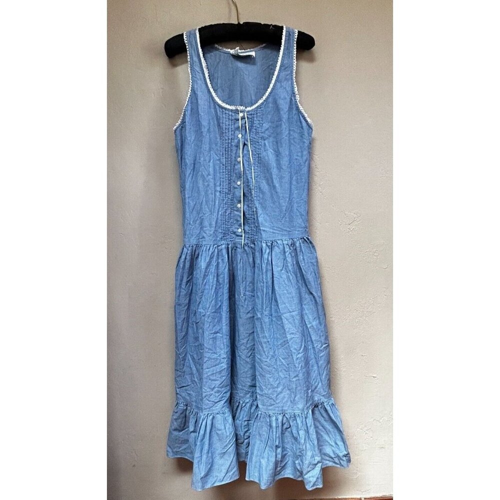 Vintage Eileen West Women's Midi Dress Sleeveless Ruffle Hem Button Front Blue